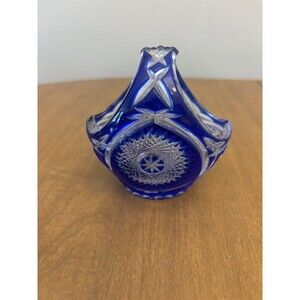 Vintage Cobalt Blue Cut-to-Crystal Olenka Tarnow Basket 4"x 3.75" Made In Poland
